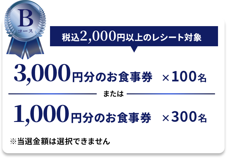 【Bコース】税込2,000円以上のレシート対象 3,000円分のお食事券×100名または1,000円分のお食事券×300名 ※当選金額は選択できません